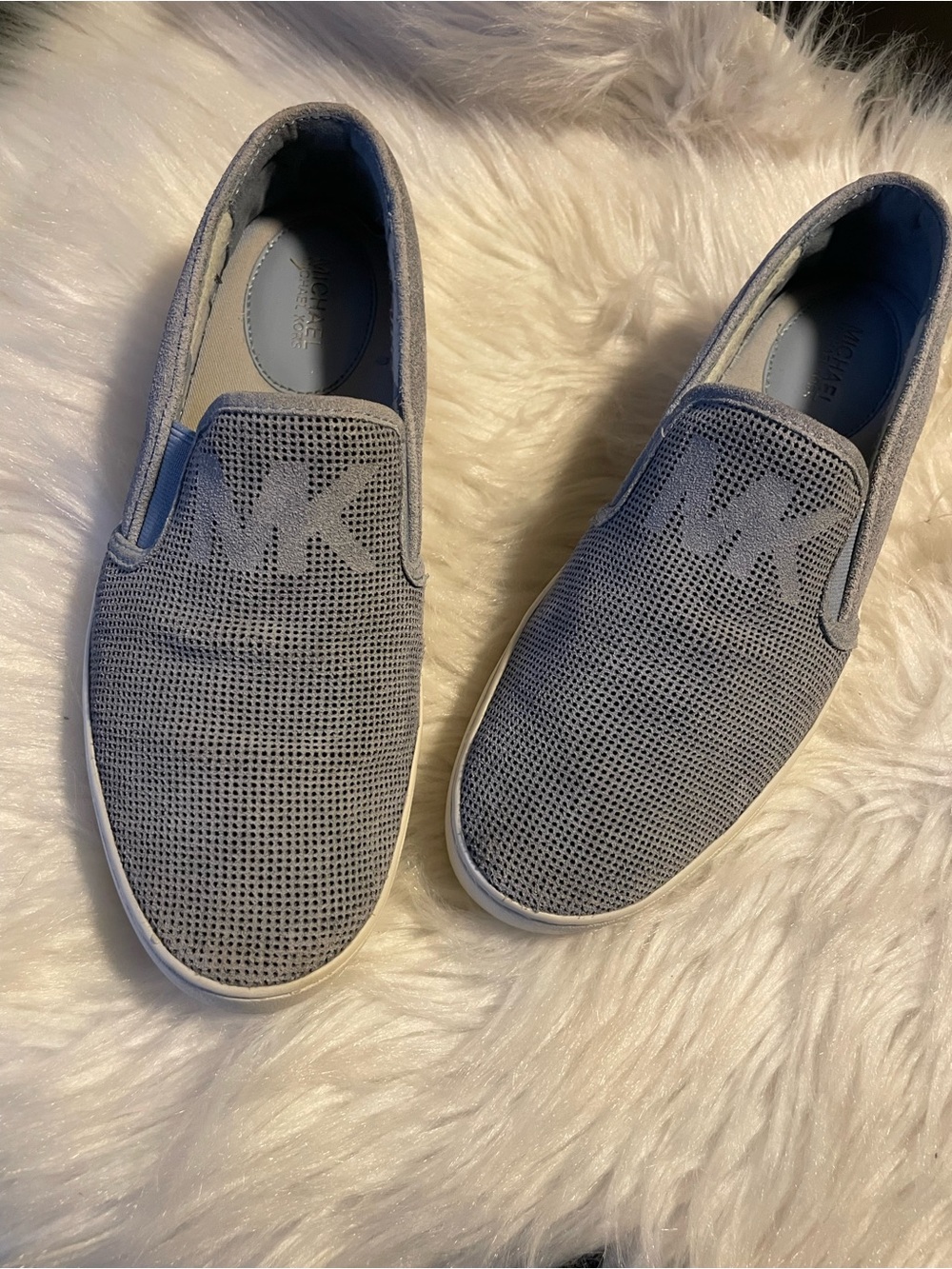 Authentic Michael Kors Light Gray-blue Slip-On Knit velour- leather Loafers